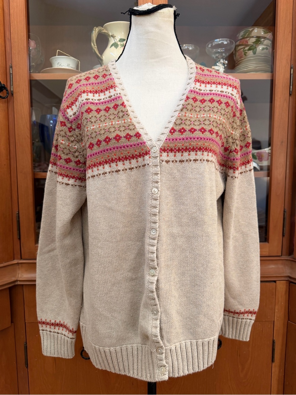 Lands End beige pink fair isle wool cardigan